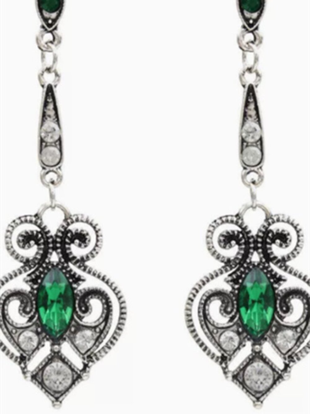 Silver Tone Vintage Filigree Green & Clear CZ Long Chain Drop Dangle Earrings Fo